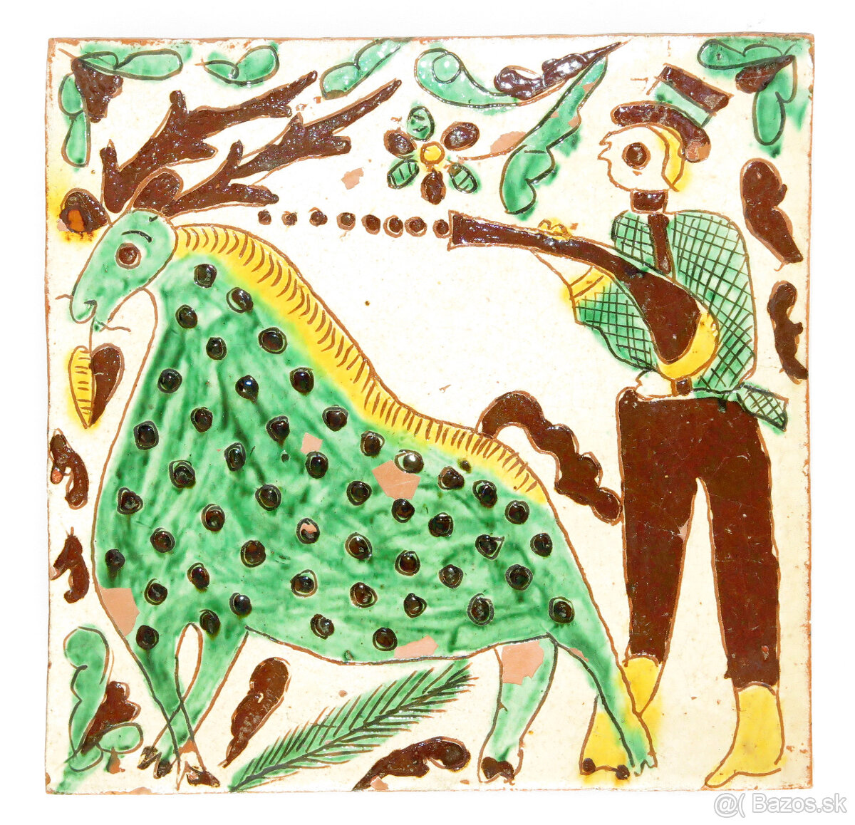 Starožitná huculska rusínska ukrainská kachlicka dlazdica - 9