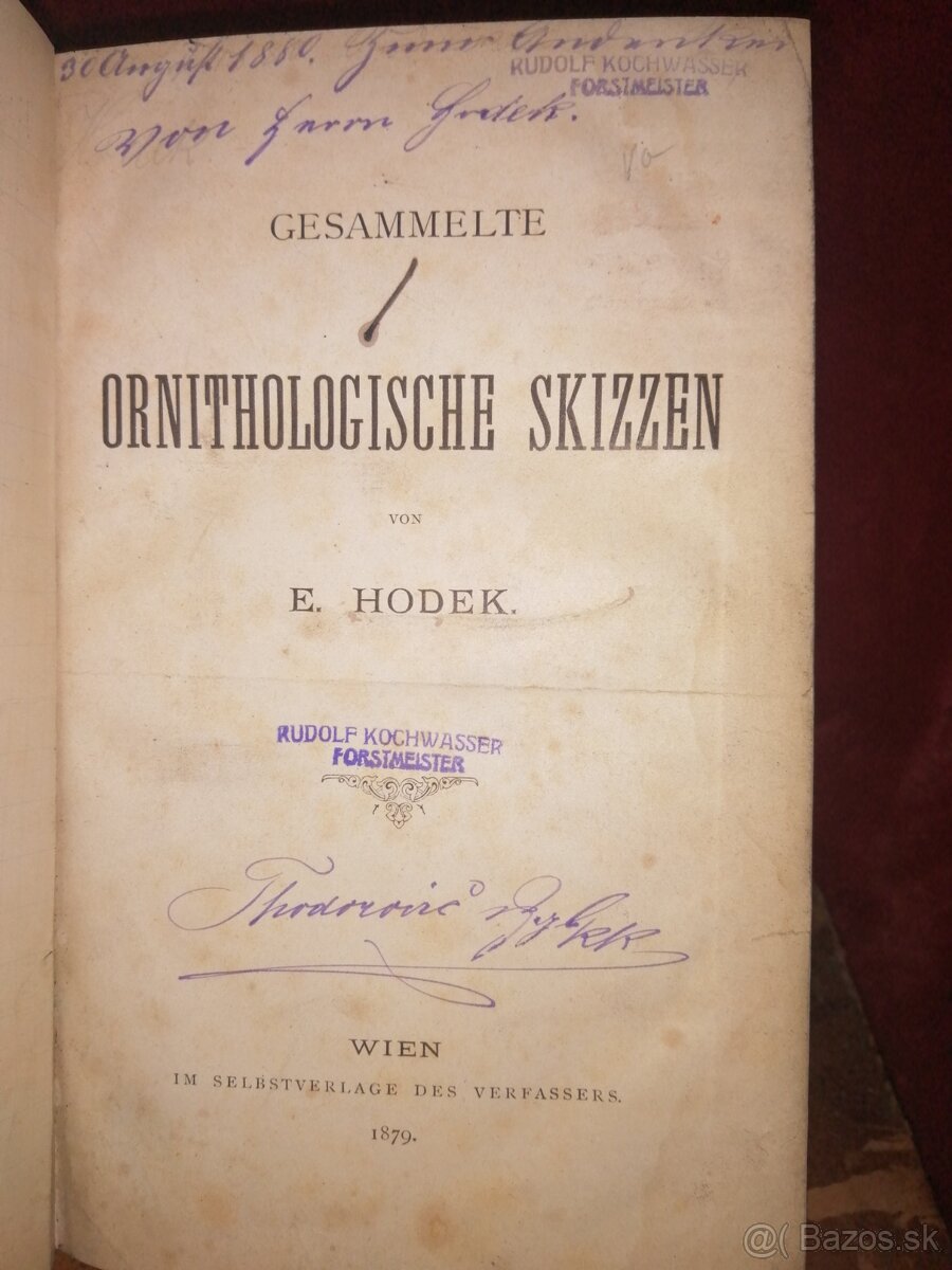 Poľovnícka kniha Venovanie autora Ornithologia 1879 - 9