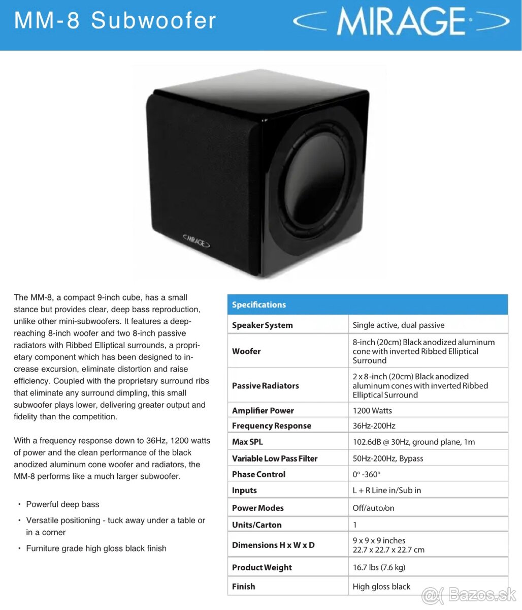 Predám 3 kusy subwoofer Mirage MM-8, gloss black - 9