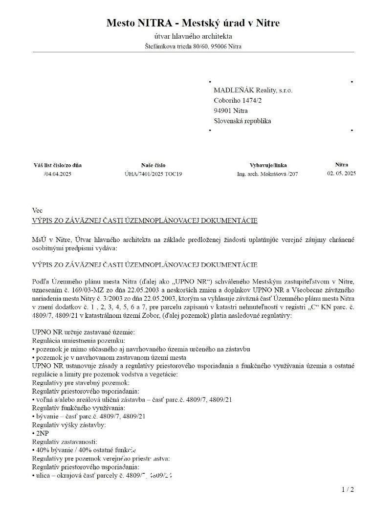 MADLEŇÁK Reality | Na predaj investičné pozemky v Nitre, v l - 9