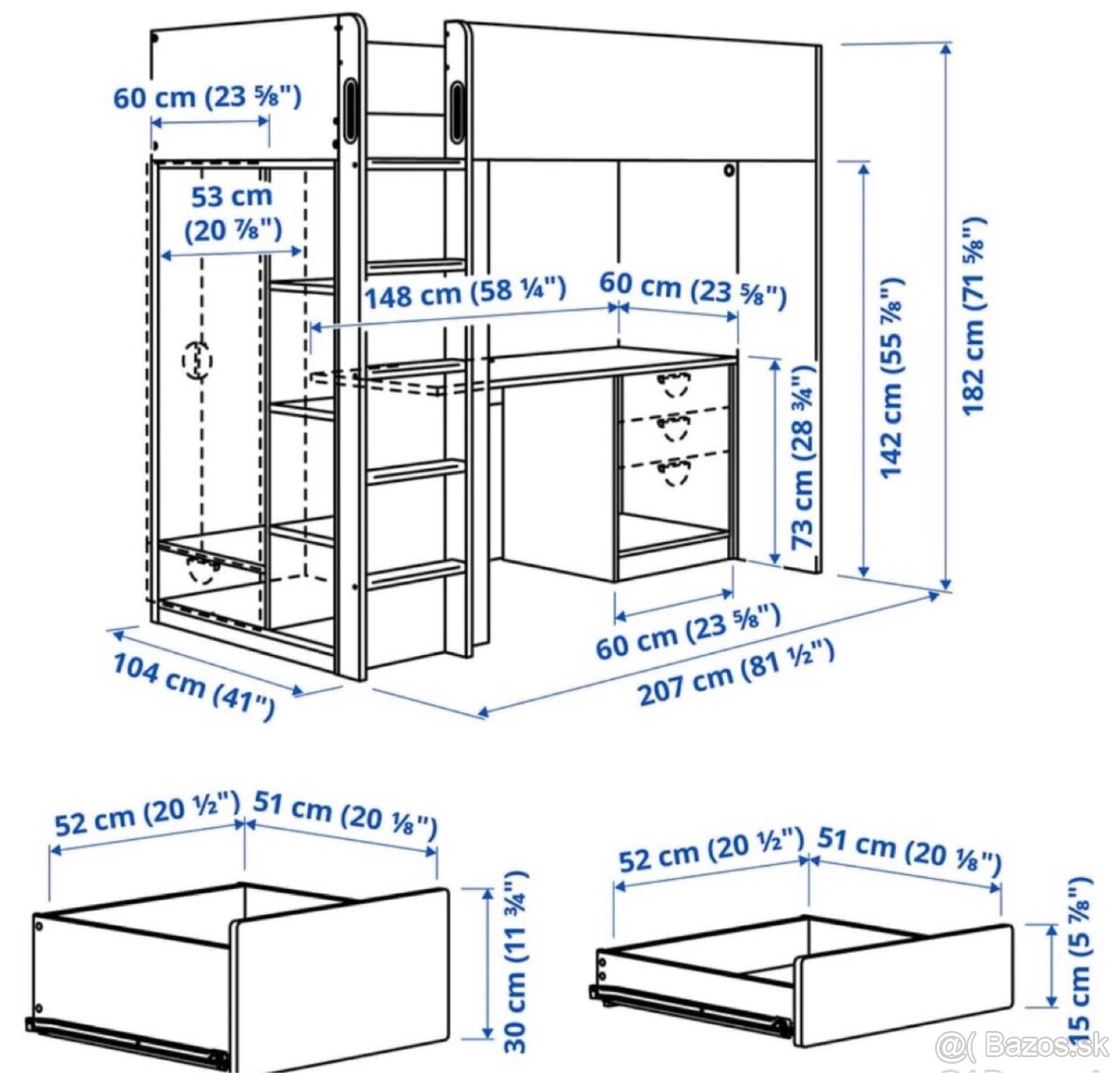 Vysoká detská posteľ so stolom a zásuvkami - 9