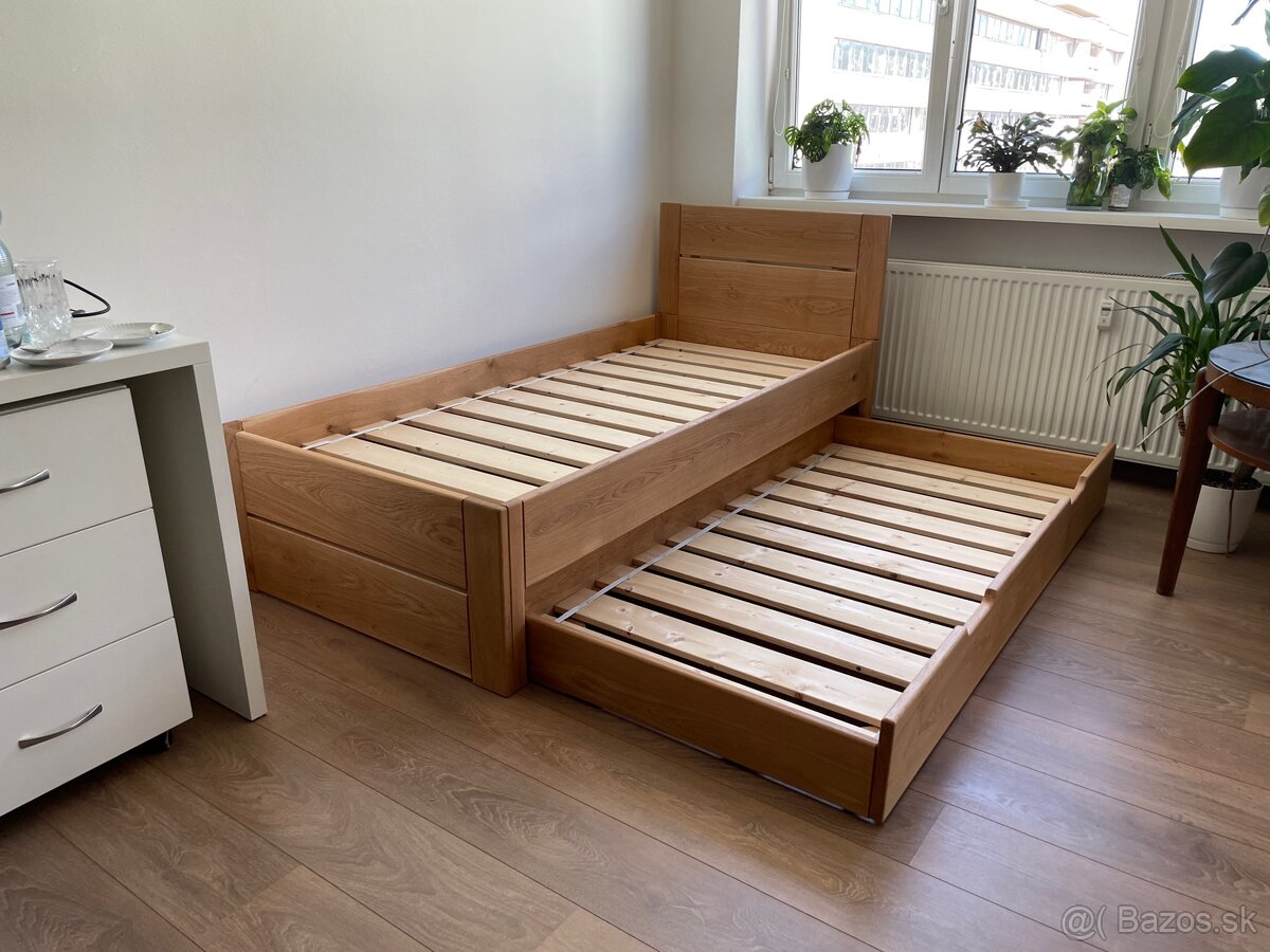 Dubová posteľ 90x200cm s výsuvným lôžkom - 9
