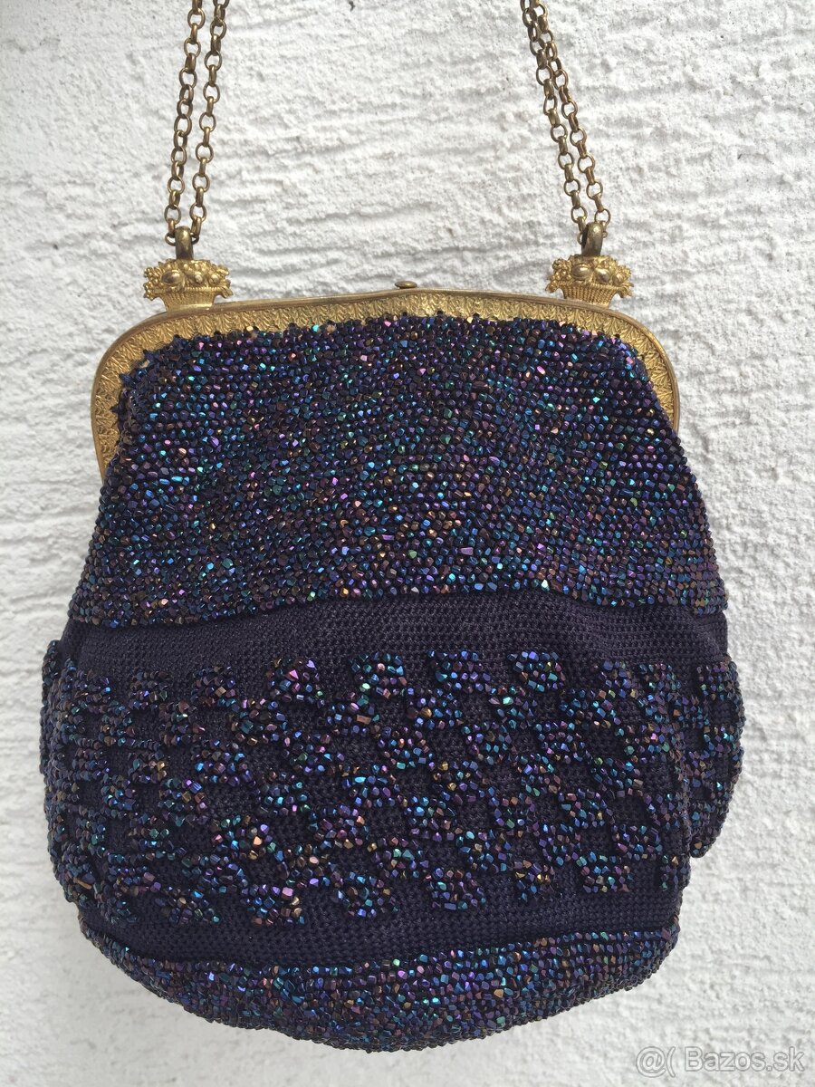 Starozitna antik vyse 100 rocna kabelka posita koralikmi - 9