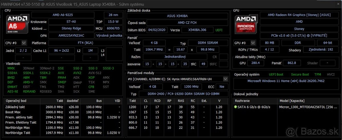 Asus Vivobook X540BA /AMD A6-9225/4GB RAM/FHD/256GB SSD - 9