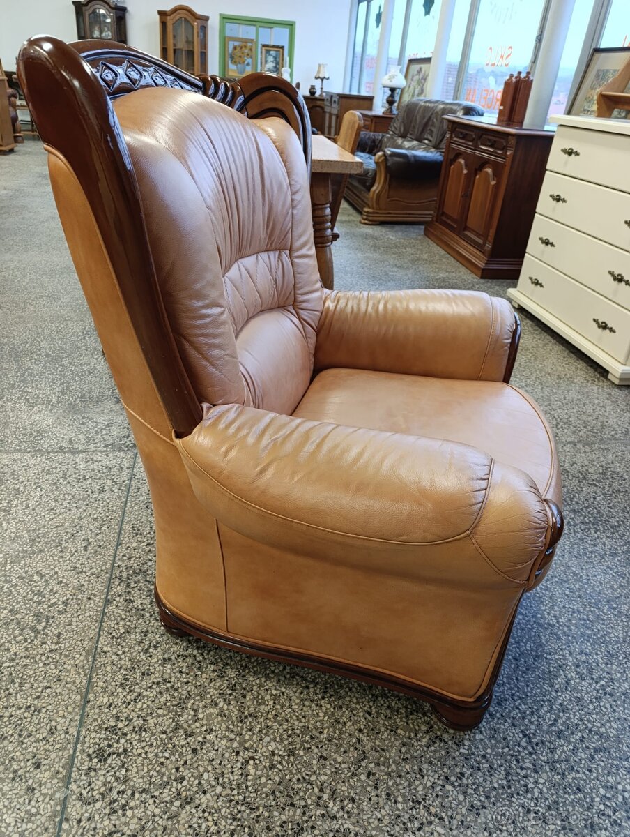 Rustikální kožené křeslo, masív, Nábytek s příběhem - 9