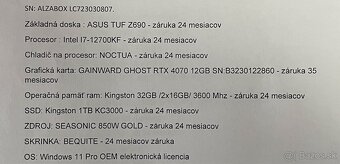RTX4070 12GB, Intel i7-12700KF, RAM Kingston 32GB - 9
