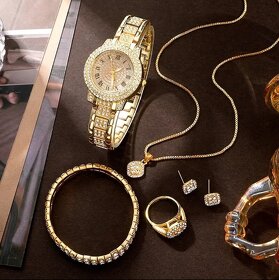 Zlaté dámske hodinky s náramkom, prsťeňom, náhrdelníkom a .. - 9
