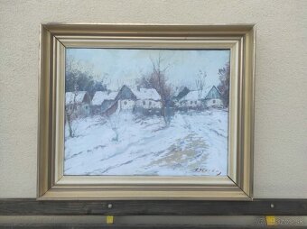 olejomalba , obraz- chalupky v zime. - 9