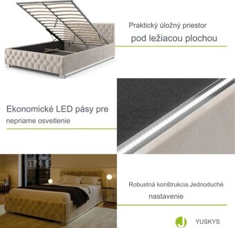 Čalúnená posteľ 180x200cm béžová s LED - výklopný rošt - 9