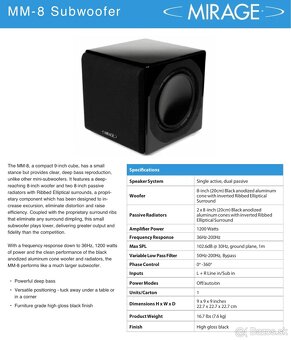 Predám 3 kusy subwoofer Mirage MM-8, gloss black - 9