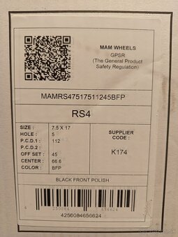 Alu disky R17 5x112 7.5J ET45 A ET35 MAM RS4 Škoda Audi Vw - 9