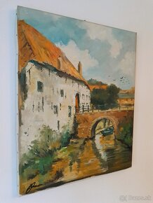 Obraz olejomaľba - Vidiecky dom s mostom - rieka - 9